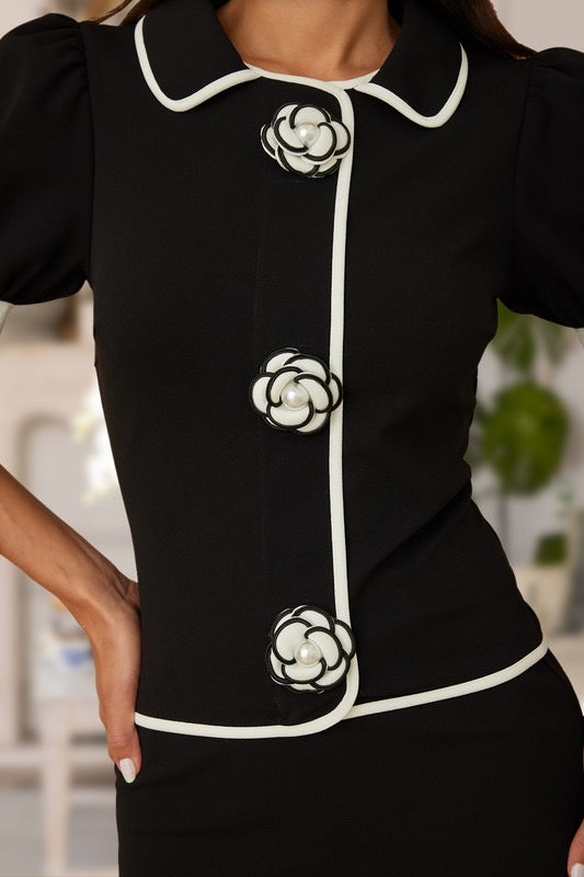 Flower Button Up Black and White Set