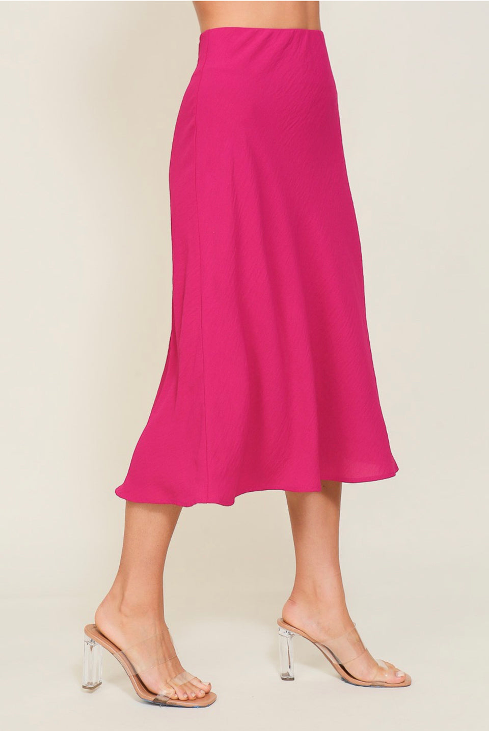 Magenta Elastic High Waisted Midi Skirt