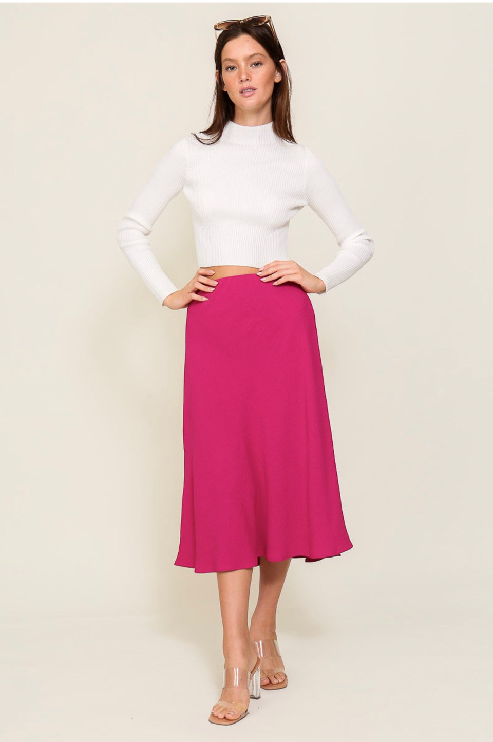 Magenta Elastic High Waisted Midi Skirt