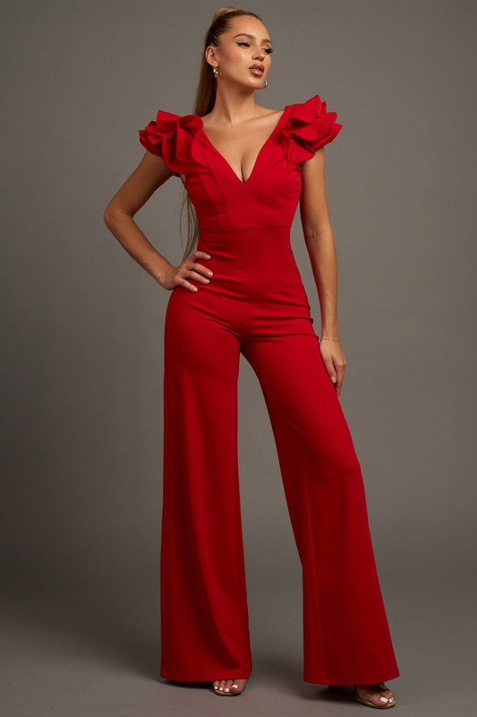 Ruffle Sleeves Red Jumpsuit