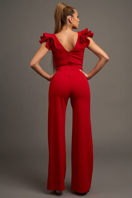 Ruffle Sleeves Red Jumpsuit