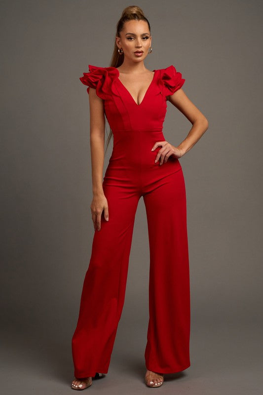 Ruffle Sleeves Red Jumpsuit