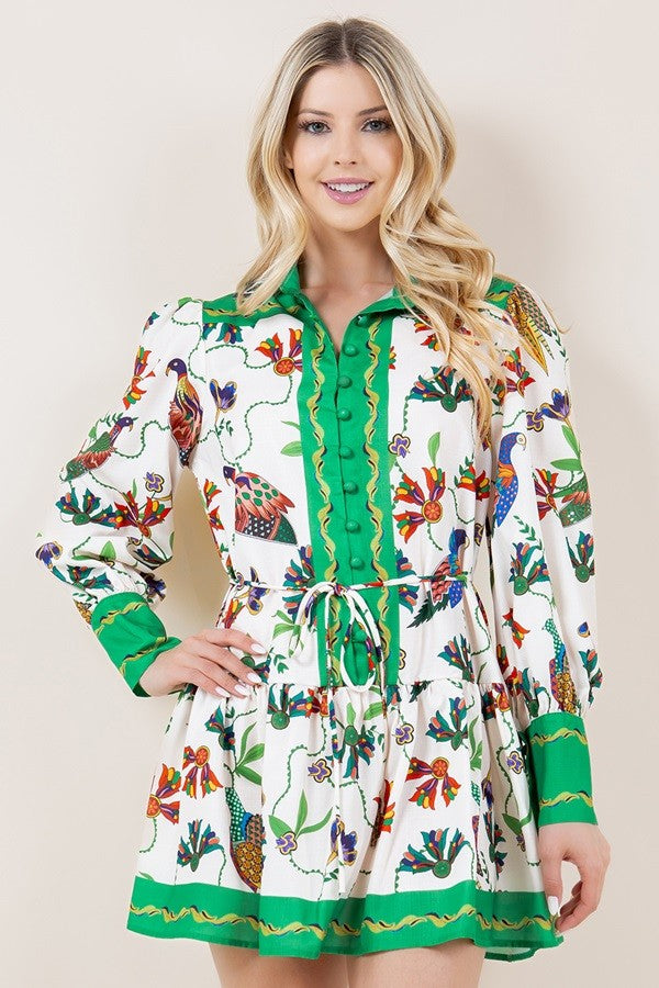 Floral Print Long Sleeve Short Dress